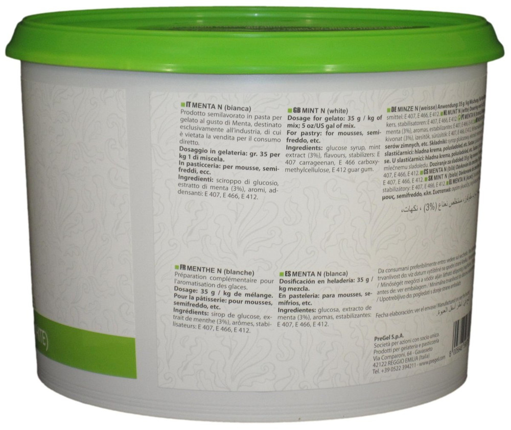 Side panel of PreGel White Mint gelato flavoring paste bucket, showing additional product information, allergen statement, and batch details.
