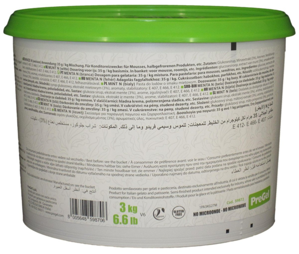 Side panel of PreGel White Mint gelato flavoring paste bucket, showing the ingredient list, nutrition information, and usage notes.