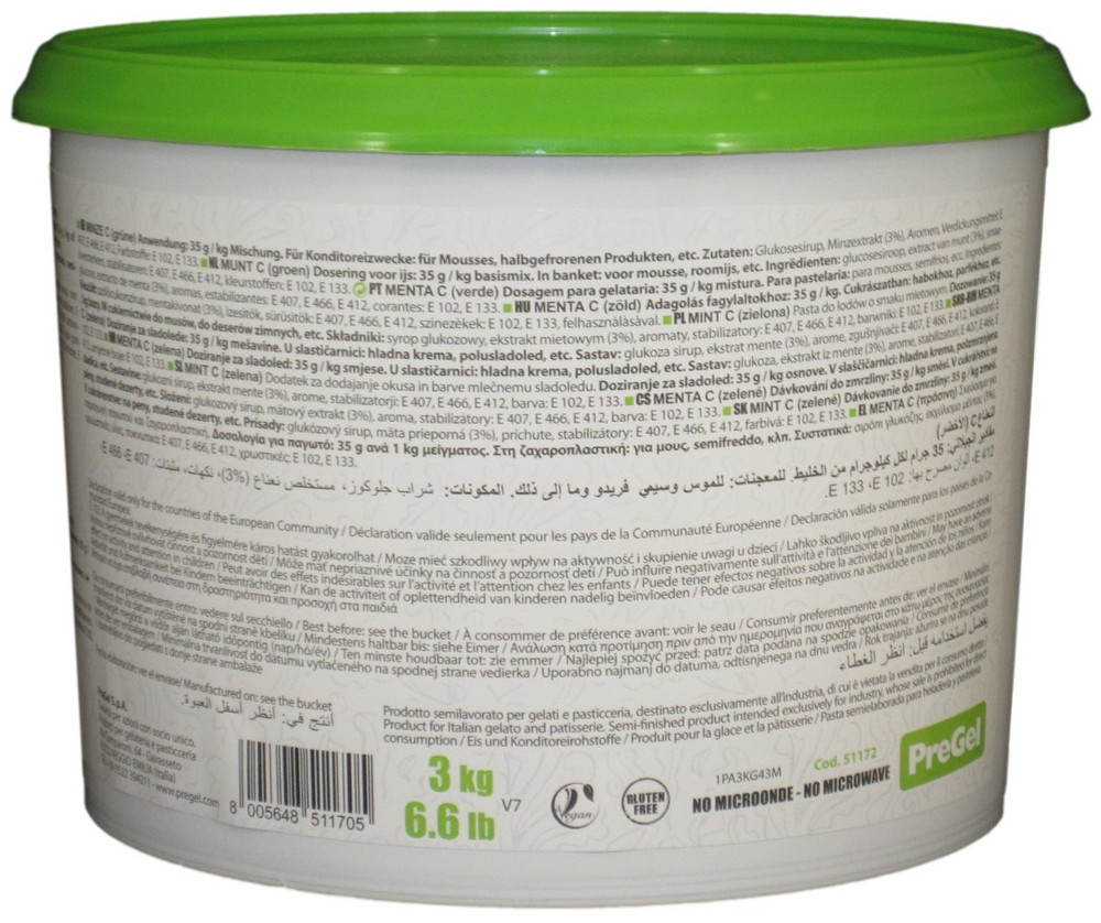 Front of PreGel Green Mint flavoring paste bucket, 6.6 lb size, showing the green product label and Italian branding.