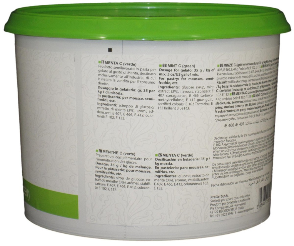 Side panel of PreGel Green Mint flavoring paste bucket, showing additional product information, allergen statement, and batch details.