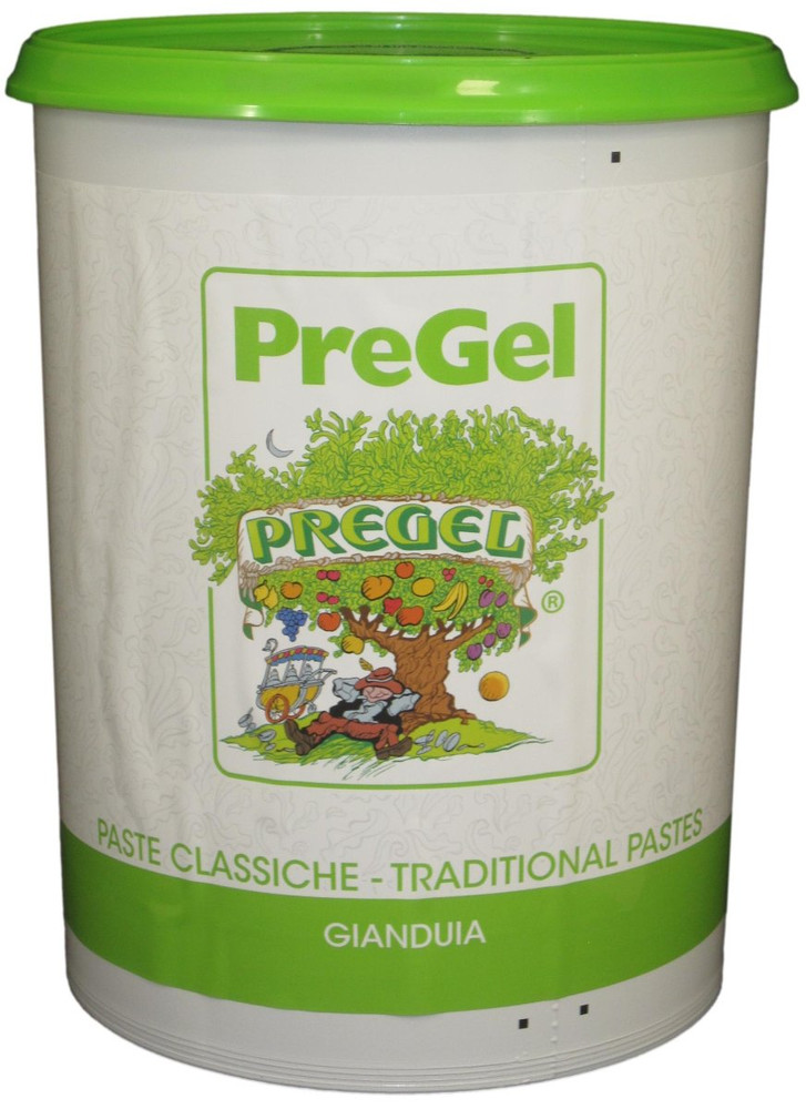 Front of PreGel Gianduia dark chocolate hazelnut flavoring paste bucket, 13.2 lb size, showing the brown product label and Italian branding.