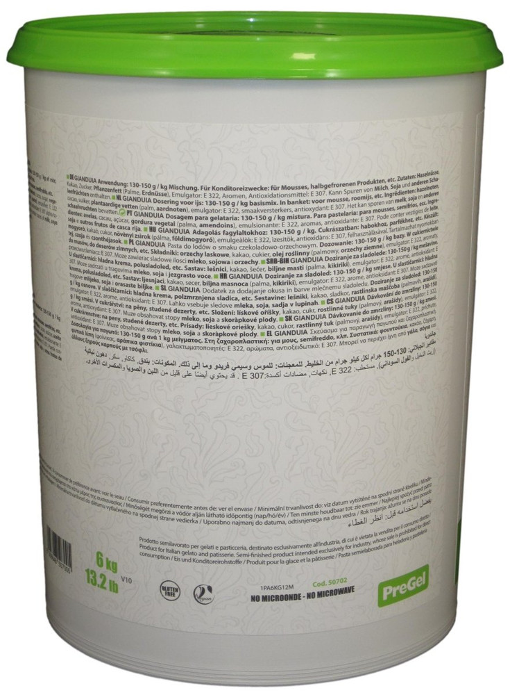 Side panel of PreGel Gianduia dark chocolate hazelnut flavoring paste bucket, showing the ingredient list, nutrition information, and usage notes.