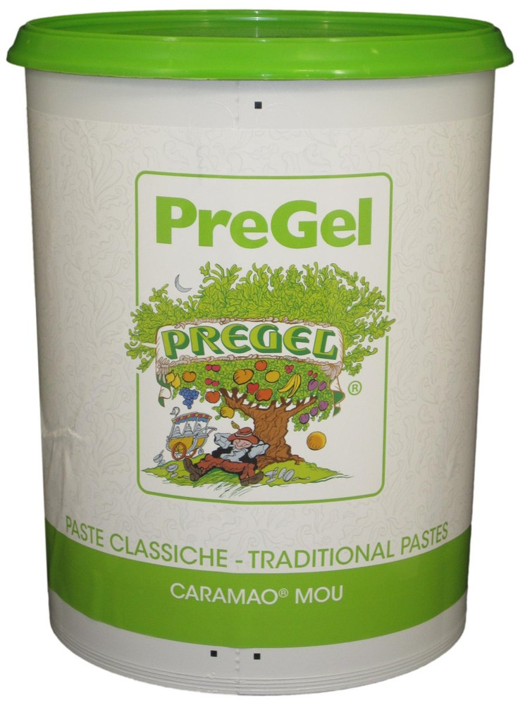 Front of PreGel Caramao Mou butterscotch gelato flavoring paste bucket, 13.2 lb size, showing the product label and Italian branding.