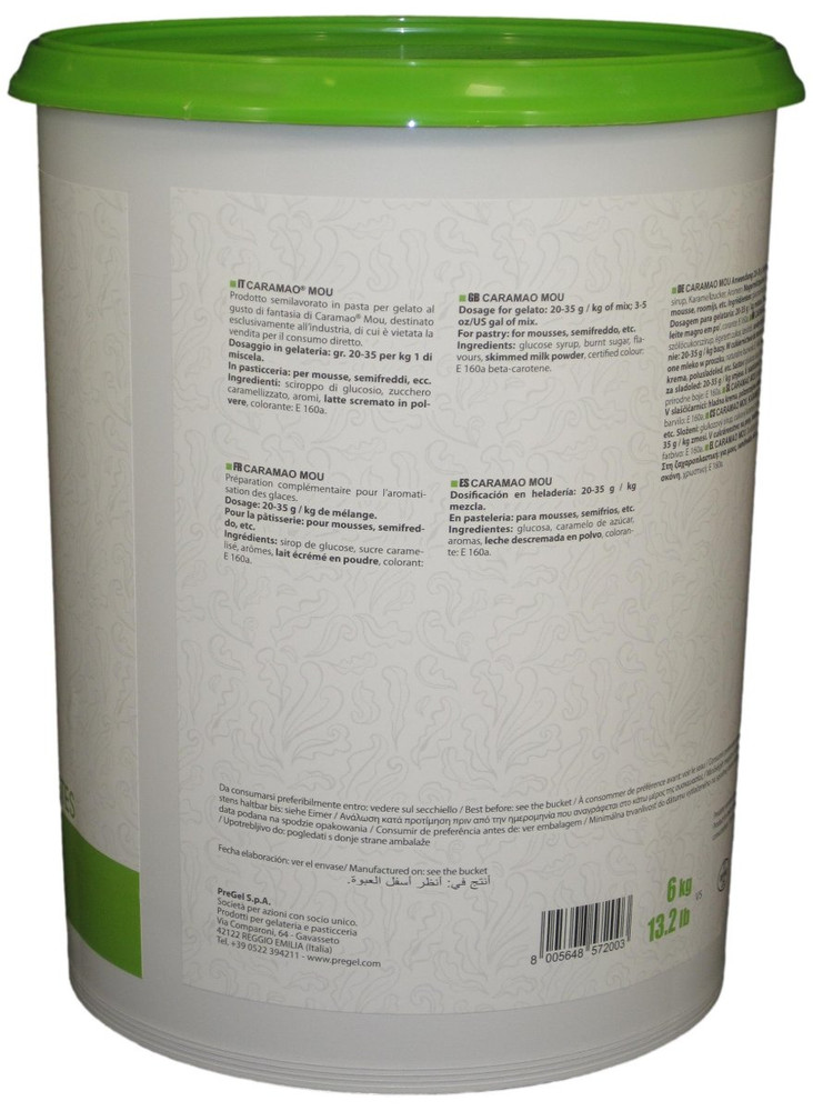 Side panel of PreGel Caramao Mou butterscotch gelato flavoring paste bucket, showing the ingredient list, nutrition information, and usage notes.