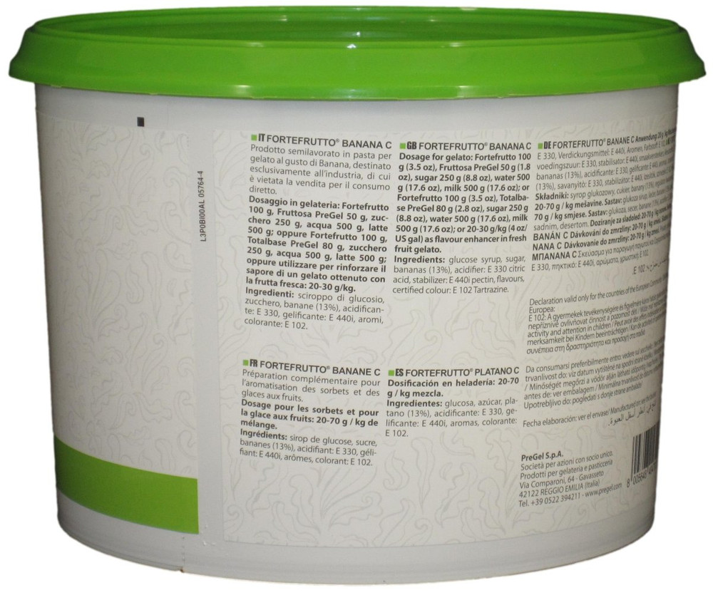 Side panel of PreGel Banana Fortefrutto gelato flavoring paste bucket, showing additional product information, allergen statement, and batch details.