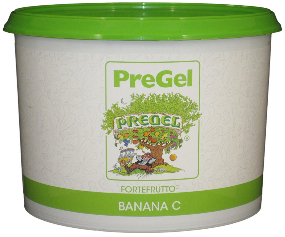 Front of PreGel Banana Fortefrutto gelato flavoring paste bucket, 6.6 lb size, showing the yellow product label and Italian branding.