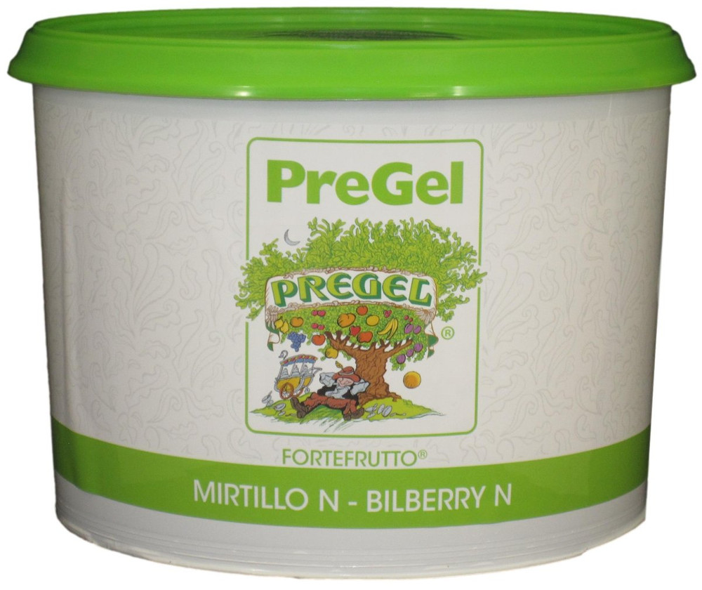 Front of PreGel Bilberry Fortefrutto gelato flavoring paste bucket, 6.6 lb size, showing the purple product label and Italian branding.