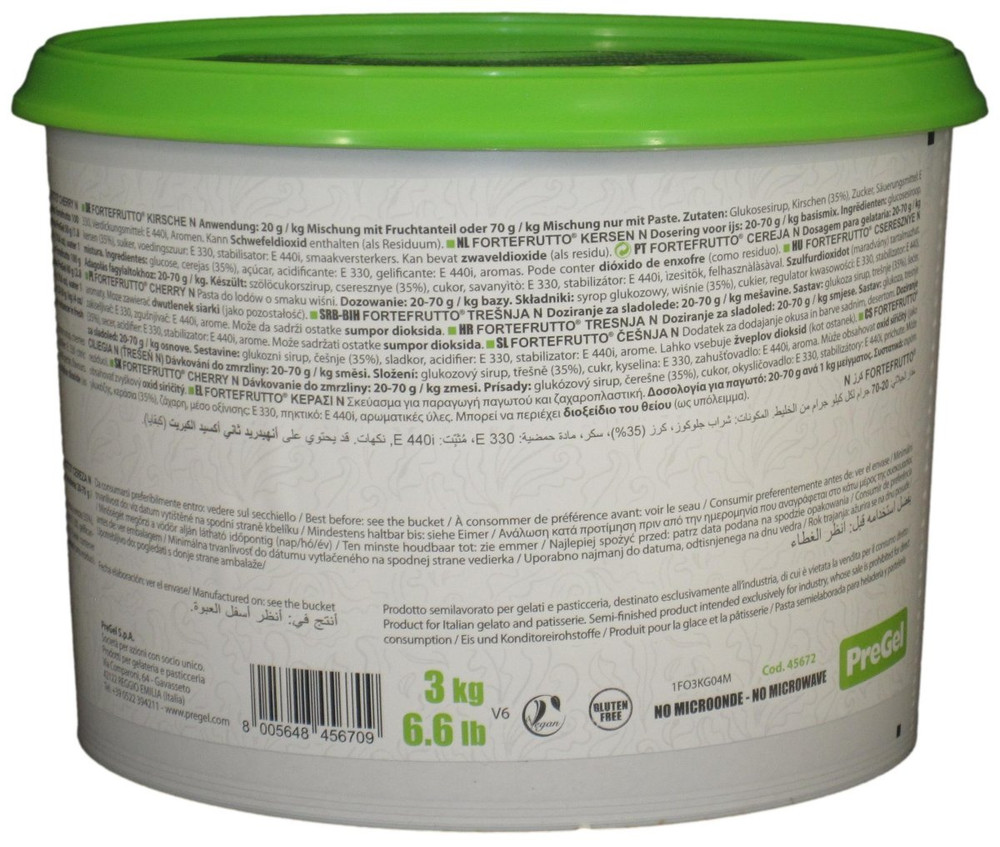 Side panel of PreGel Cherry Fortefrutto gelato flavoring paste bucket, showing the ingredient list, nutrition information, and usage notes.