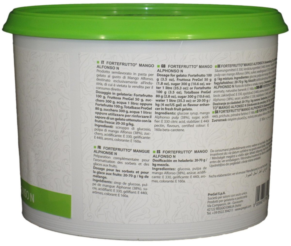Side panel of PreGel Alphonso Mango Fortefrutto gelato flavoring paste bucket, showing additional product information, allergen statement, and batch details.