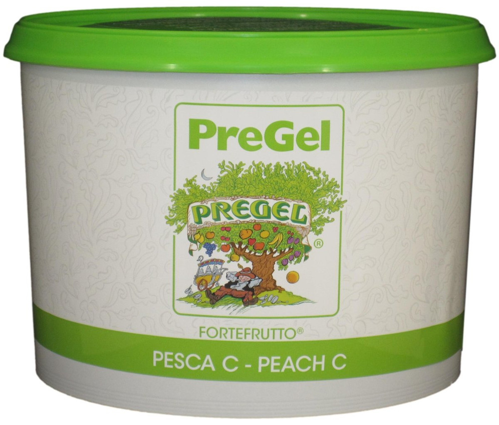 Front of PreGel Peach Fortefrutto gelato flavoring paste bucket, 6.6 lb size, showing the peach-tone product label and Italian branding.