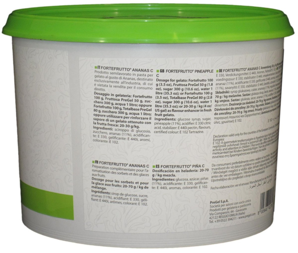 Side panel of PreGel Pineapple Fortefrutto gelato flavoring paste bucket, showing additional product information, allergen statement, and batch details.