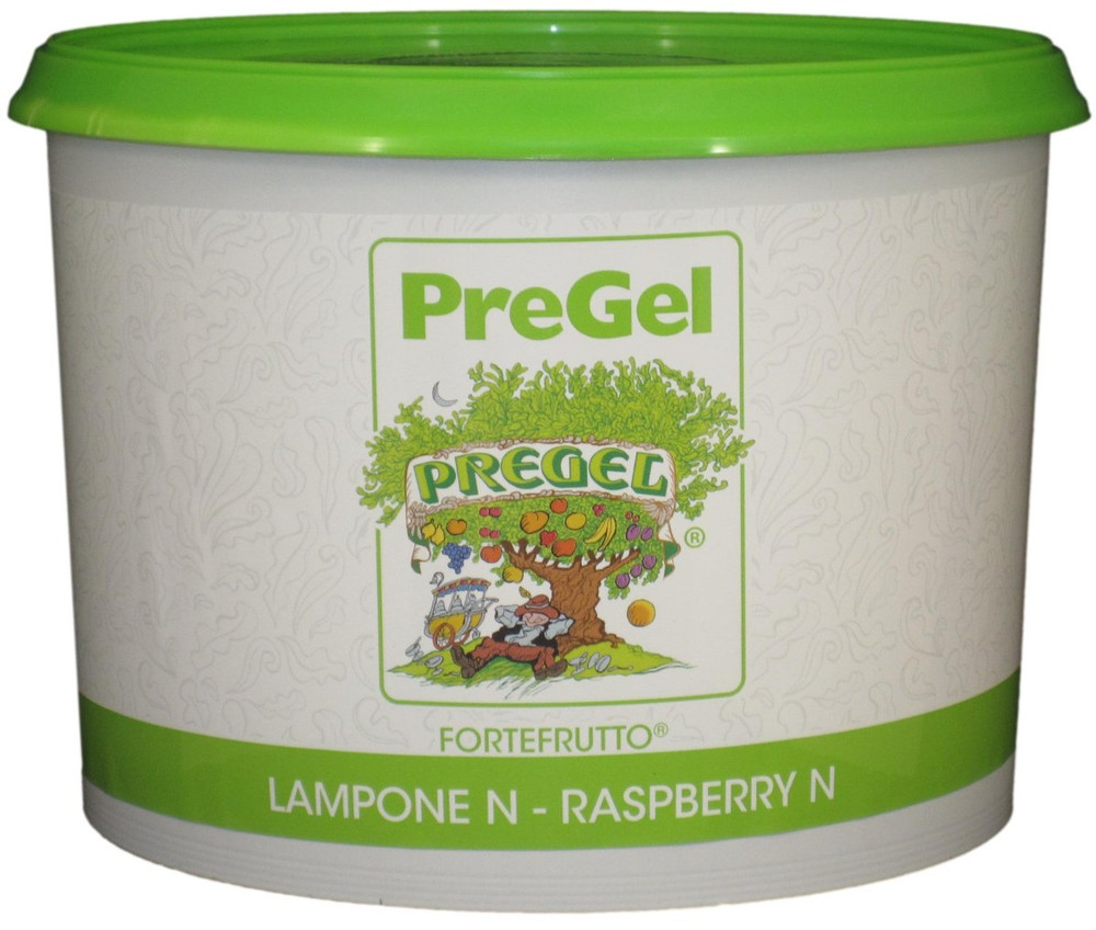 Front of PreGel Raspberry Fortefrutto gelato flavoring paste bucket, 6.6 lb size, showing the red product label and Italian branding.