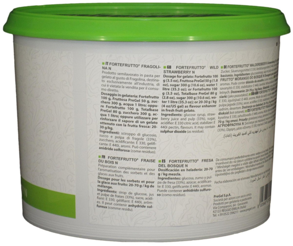 Side panel of PreGel Wild Strawberry Fortefrutto gelato flavoring paste bucket, showing additional product information, allergen statement, and batch details.