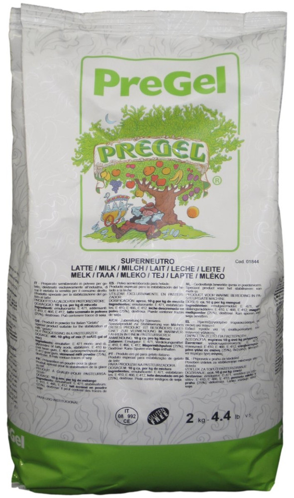 Front of PreGel SuperNeutro Milk powdered gelato stabilizer bag, 4.4 lb size, showing the product label and Italian branding.