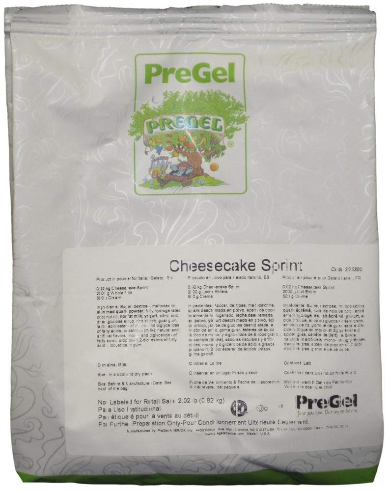 Front of PreGel Cheesecake Sprint complete gelato mix bag, 2 lb size, showing the off-white product label and PreGel branding.