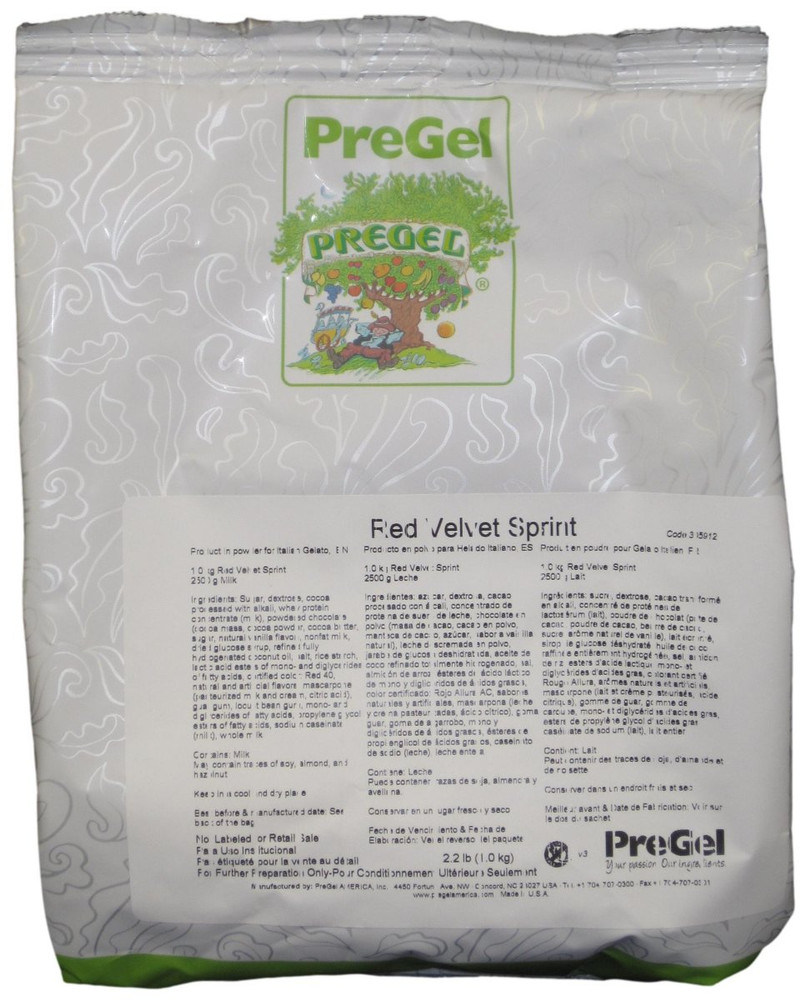 Front of PreGel Red Velvet Sprint complete gelato mix bag, 2.2 lb size, showing the deep red product label and PreGel branding.