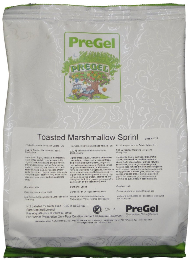 Front of PreGel Toasted Marshmallow Sprint complete gelato mix bag, 2 lb size, showing the off-white product label and PreGel branding.