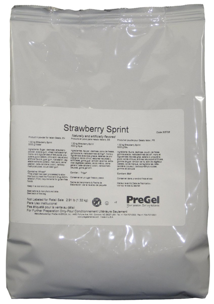 Front of PreGel Strawberry Sprint complete gelato mix bag, 2.9 lb size, showing the pink product label and PreGel branding.