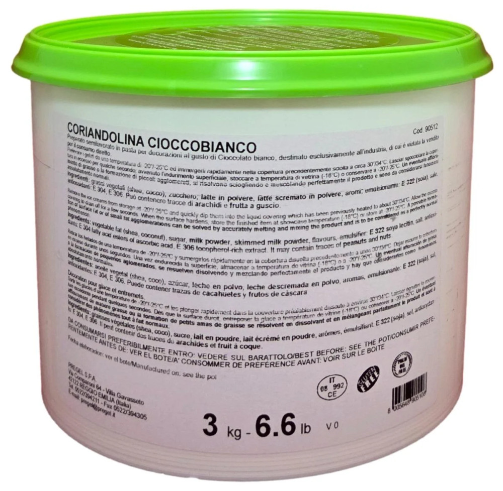 Back of PreGel Coriandolina white chocolate hard shell coating bucket, 6.6 lb size, showing the ingredient panel, nutrition information, and usage instructions in multiple languages.