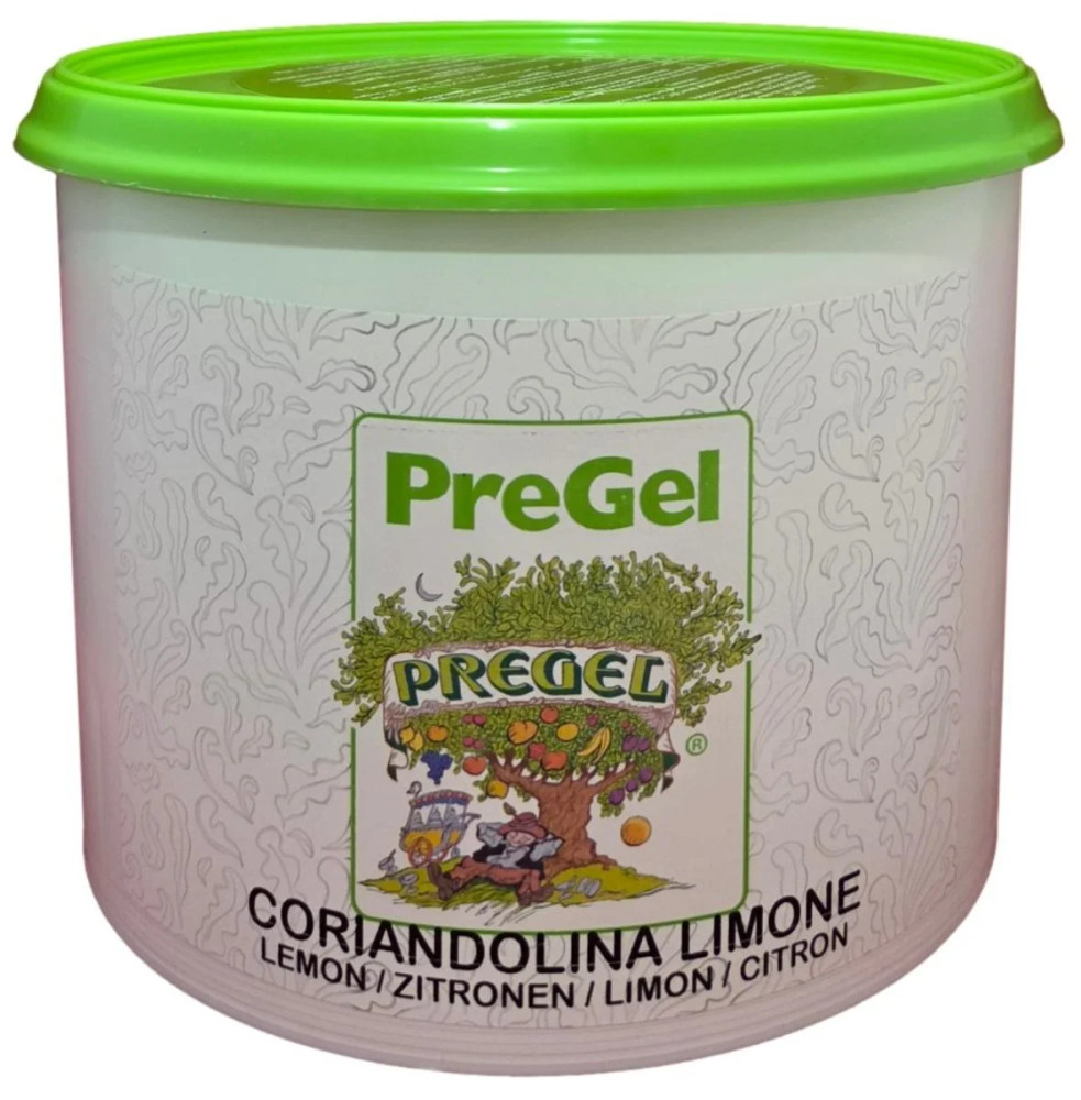 Front of PreGel Coriandolina Limone lemon hard shell coating bucket, 6.6 lb size, displaying the product label with the yellow lemon flavor and Italian branding.