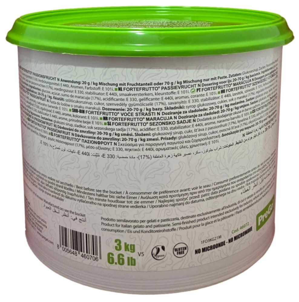 Side panel of PreGel Passion Fruit Fortefrutto gelato flavoring paste bucket, showing additional product information, allergen statement, and batch details.