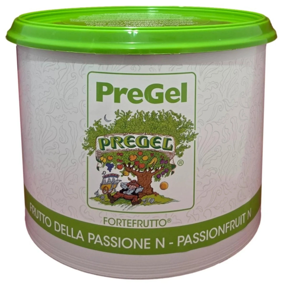 Front of PreGel Passion Fruit Fortefrutto gelato flavoring paste bucket, 6.6 lb size, showing the yellow-orange product label and Italian branding.