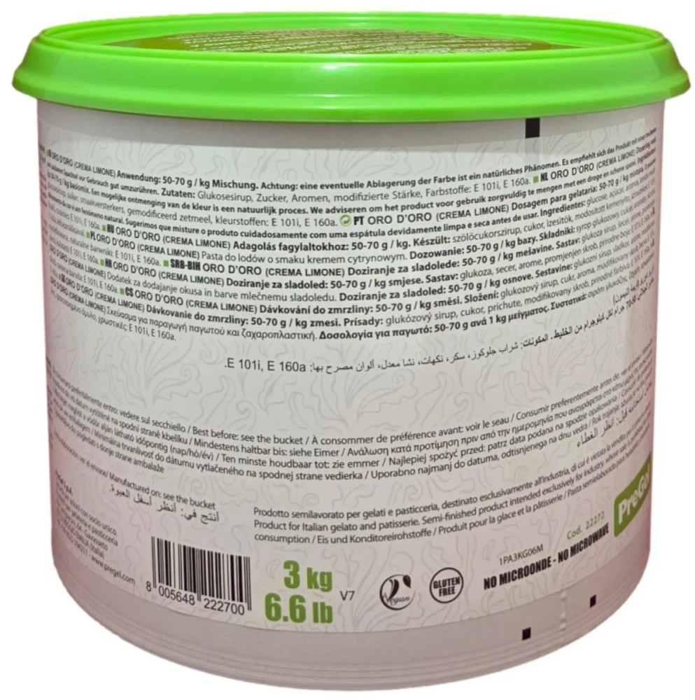 Side panel of PreGel Oro D'Oro creamy lemon gelato flavoring paste bucket, showing usage instructions, dosage guidance, and storage information.