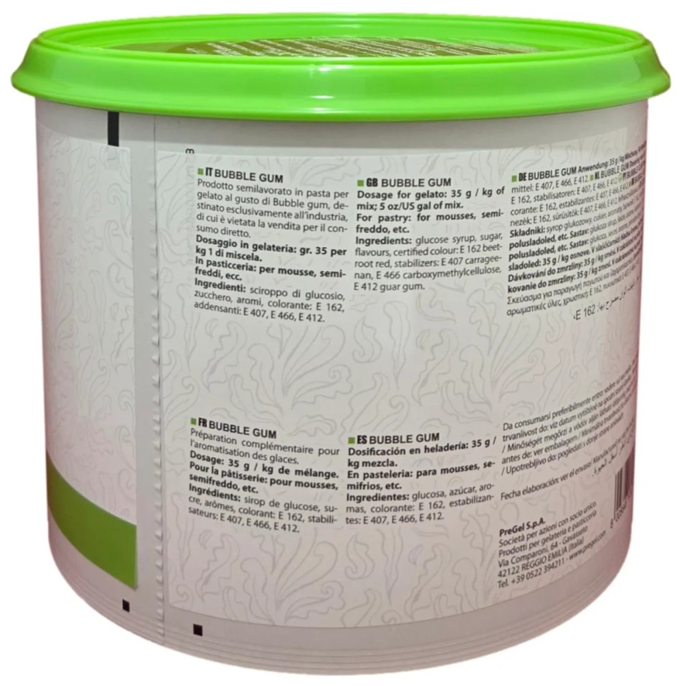 Side panel of PreGel Bubble Gum gelato flavoring paste bucket, showing usage instructions, dosage guidance, and storage information.