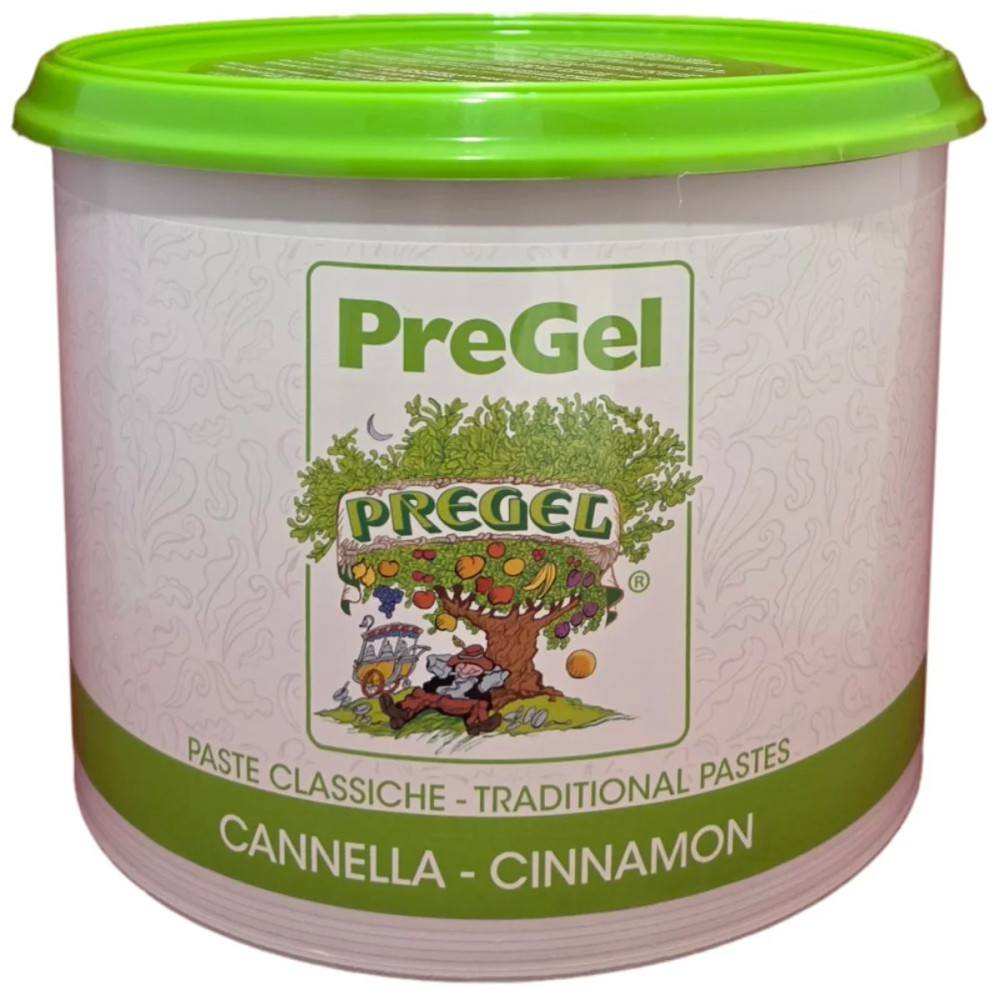 Front of PreGel Cinnamon gelato flavoring paste bucket, 6.6 lb size, showing the product label and Italian branding for the cinnamon flavor.