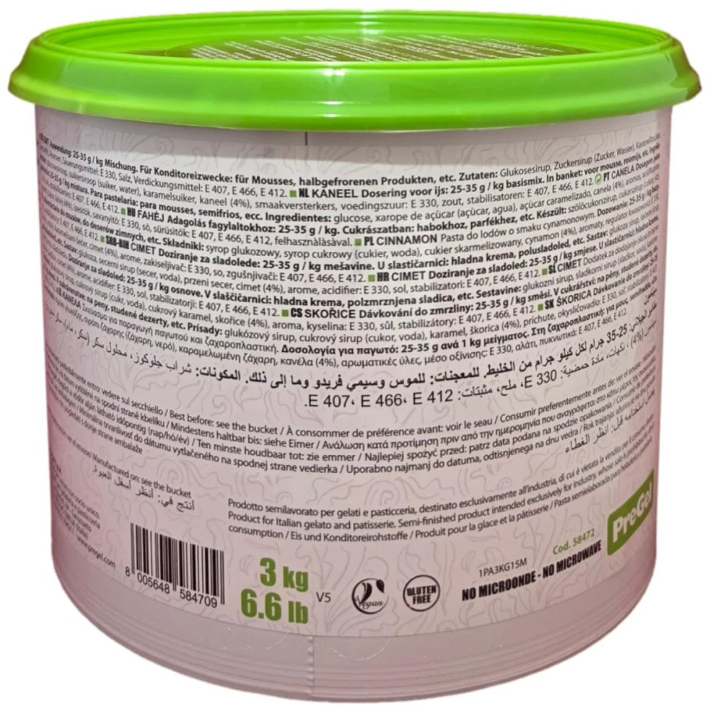 Side panel of PreGel Cinnamon gelato flavoring paste bucket, showing the ingredient list, allergen information, and product details.