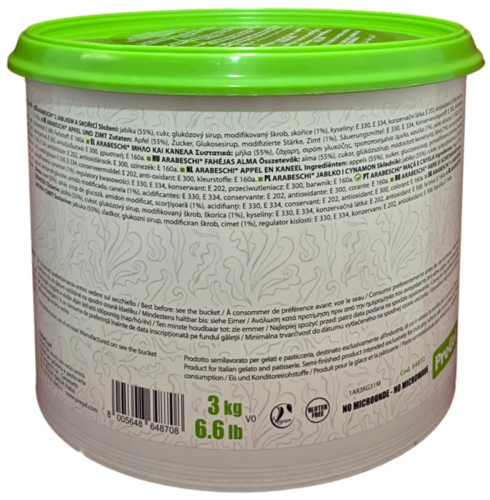 Side of PreGel Apple and Cinnamon Arabeschi bucket, showing the ingredient panel, nutrition information, and usage details.