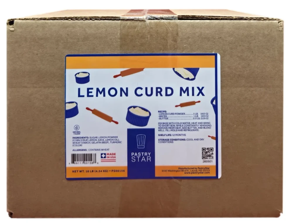Front of Pastry Star Lemon Curd Mix bag, 10 lb case, showing the blue pouch and front product label.