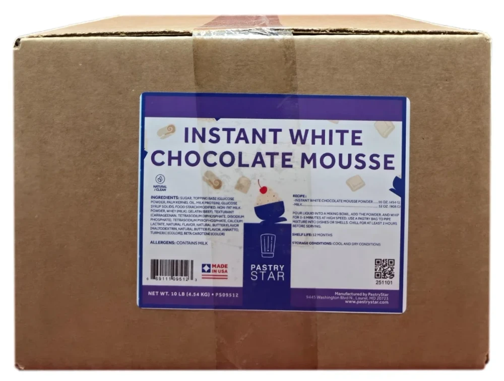 Front of Pastry Star Instant White Chocolate Mousse Mix bag, 10 lb case, showing the front pouch label and product name.