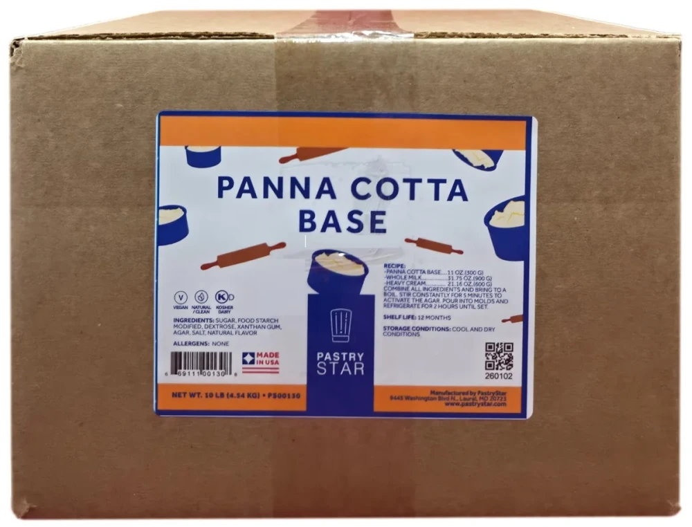 Front of Pastry Star Panna Cotta Base bag, 10 lb case, showing the blue pouch and front product label.