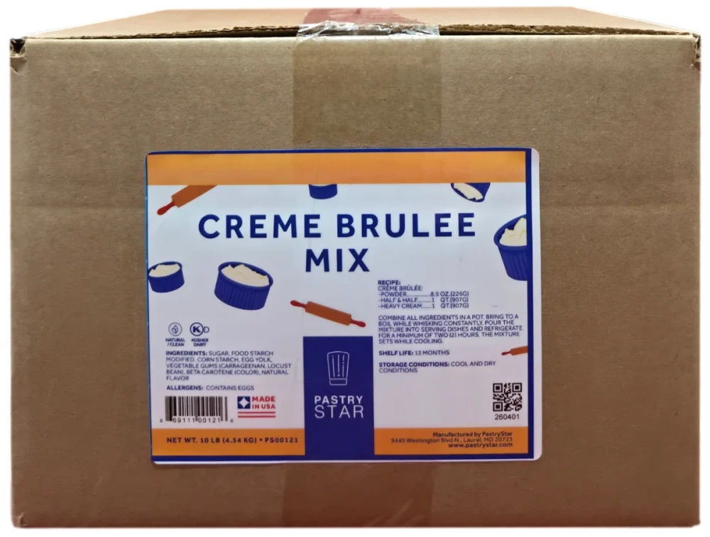 Front of Pastry Star Creme Brulee Mix bag, 10 lb case, showing the blue pouch and front product label.