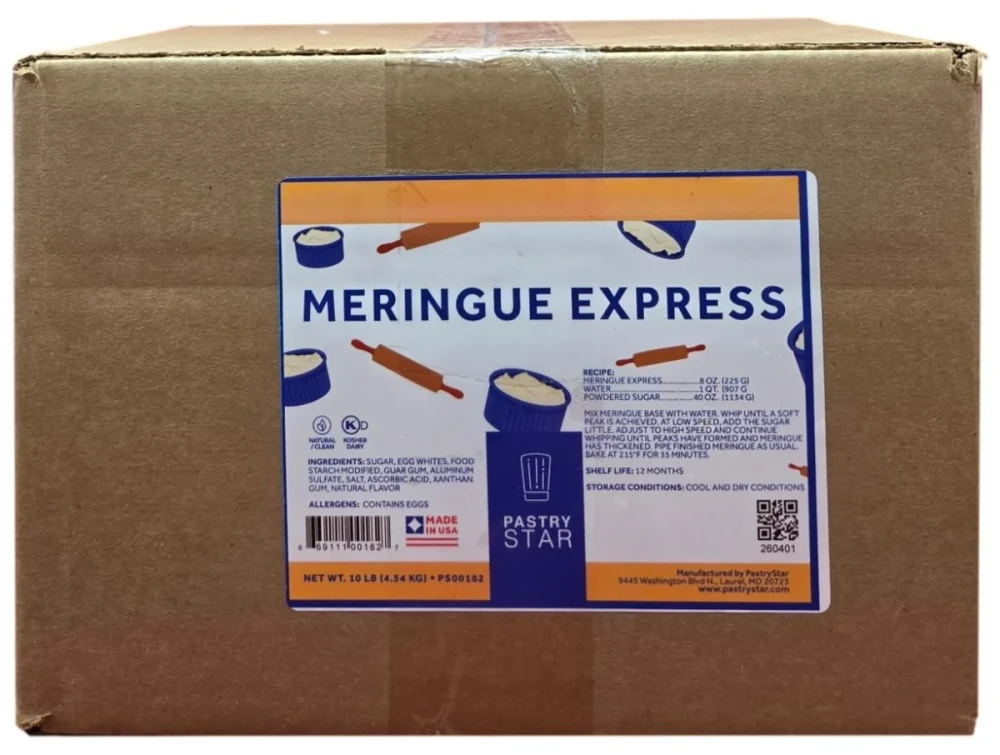 Front of Pastry Star Meringue Express Mix bag, 10 lb size, showing the blue pouch and front product label.