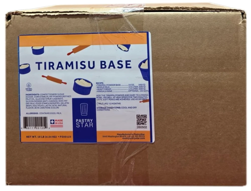 Front of Pastry Star Tiramisu Base bag, 10 lb size, showing the blue pouch and front product label.