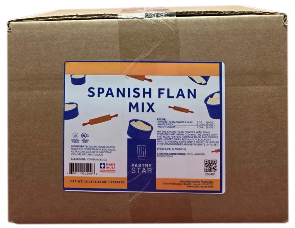 Front of Pastry Star Spanish Flan Mix bag, 10 lb size, showing the blue pouch and front product label.