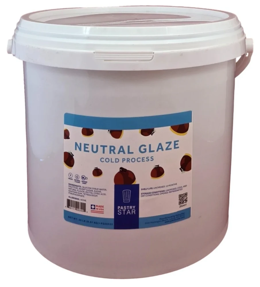 Front of Pastry Star Neutral Glaze cold process pail, 20 lb size, showing the blue and white label with glazed fruit imagery.