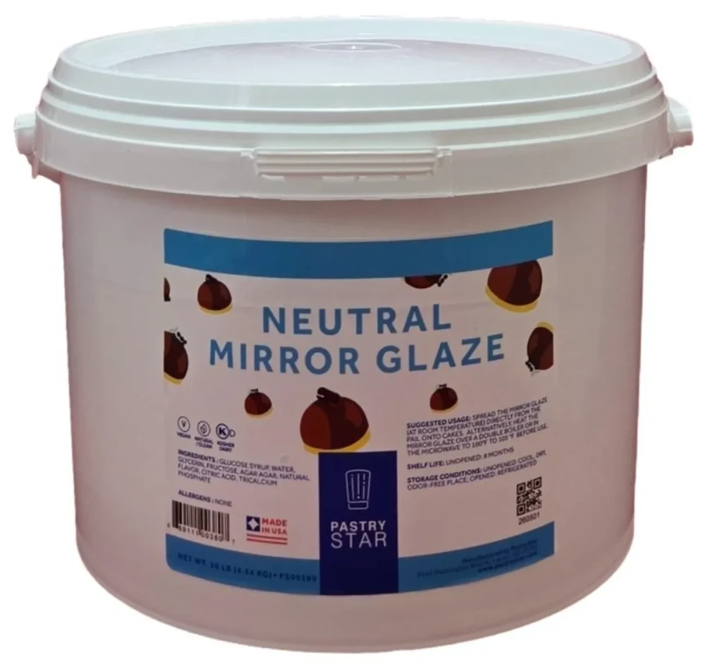 Front of Pastry Star Neutral Mirror Glaze pail, 10 lb size, showing the product label and clear finishing glaze.