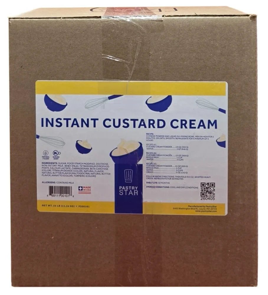 Front of Pastry Star Instant Custard Cream box, 25 lb case, showing the kraft carton and front product label.