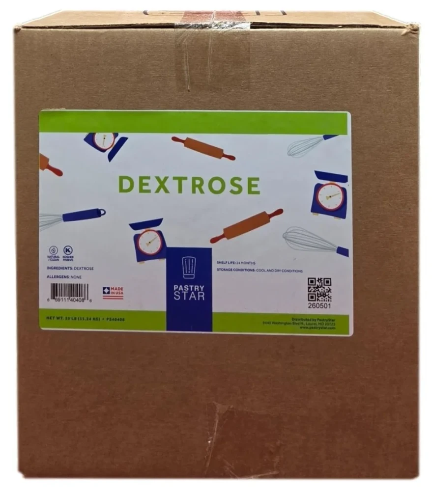 Front of Pastry Star Dextrose box, 25 lb case, showing the kraft carton and front product label.