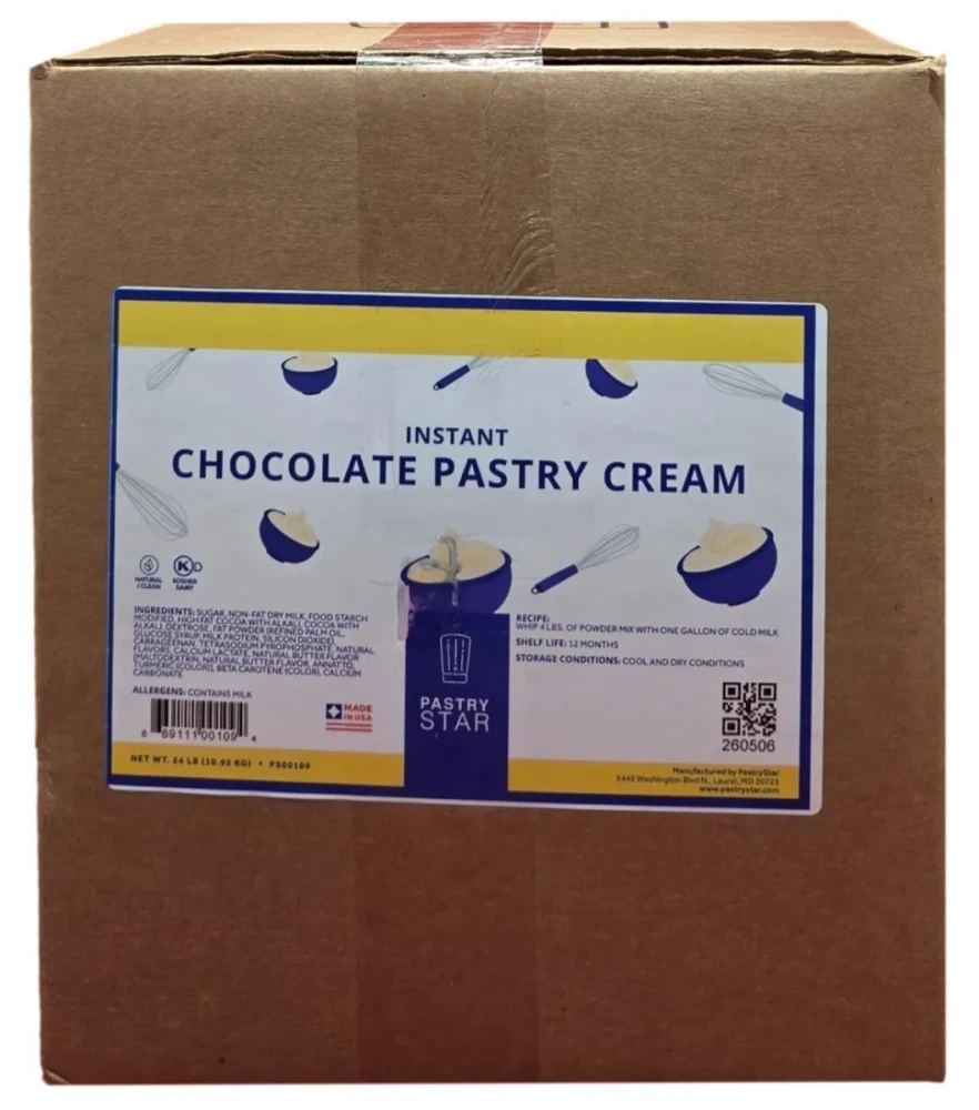 Front of Pastry Star Instant Chocolate Pastry Cream Mix box, 24 lb case, showing the kraft carton and front product label.