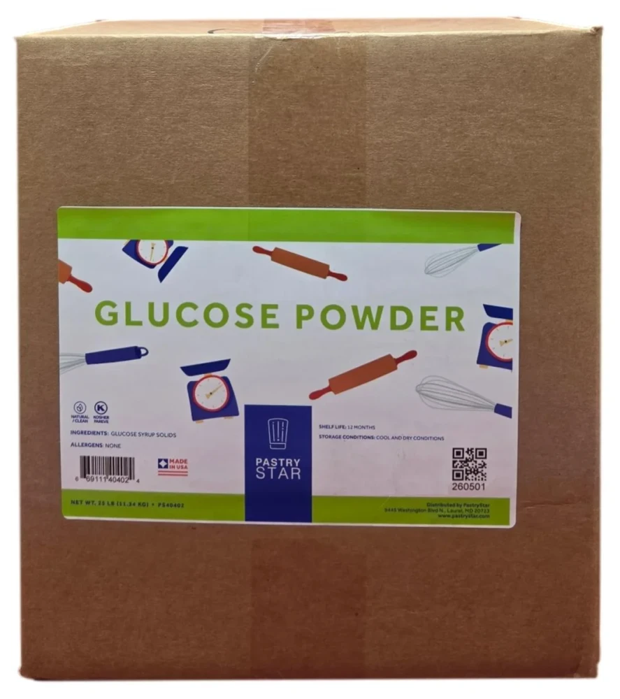 Front of Pastry Star Glucose Powder box, 25 lb case, showing the kraft carton and front product label.