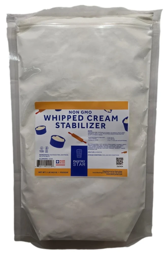 Front of Pastry Star Whipped Cream Stabilizer box, 1 lb size, showing the product label and the fine white stabilizing powder.