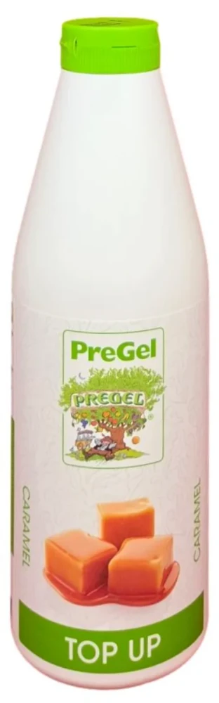 Front of PreGel caramel dessert topping bottle, 1 kg size, showing the label and the dark brown caramel sauce inside.