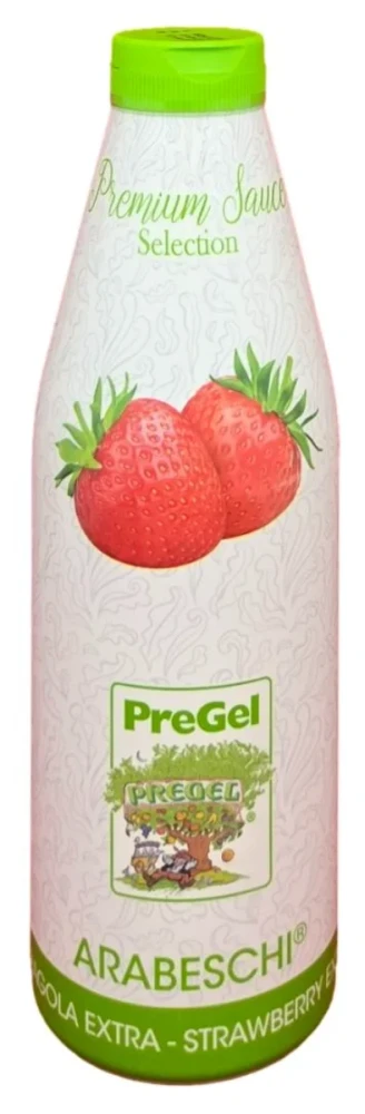 Front of PreGel Arabeschi Strawberry Extra dessert topping bottle, 2.2 lb size, showing the label and the deep red fruit paste.