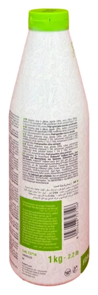 Second side panel of PreGel Arabeschi Strawberry Extra topping bottle, showing usage guidance and storage details in multiple languages.
