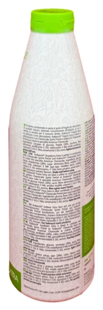 Side panel of PreGel Arabeschi Strawberry Extra dessert topping bottle, showing the ingredient list and nutrition information.