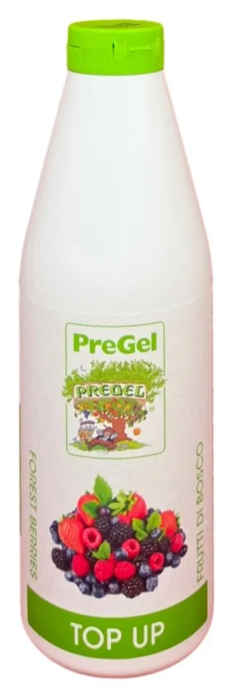 Front of PreGel forest berries dessert topping bottle, 2.2 lb size, showing the label and the deep red berry sauce inside.